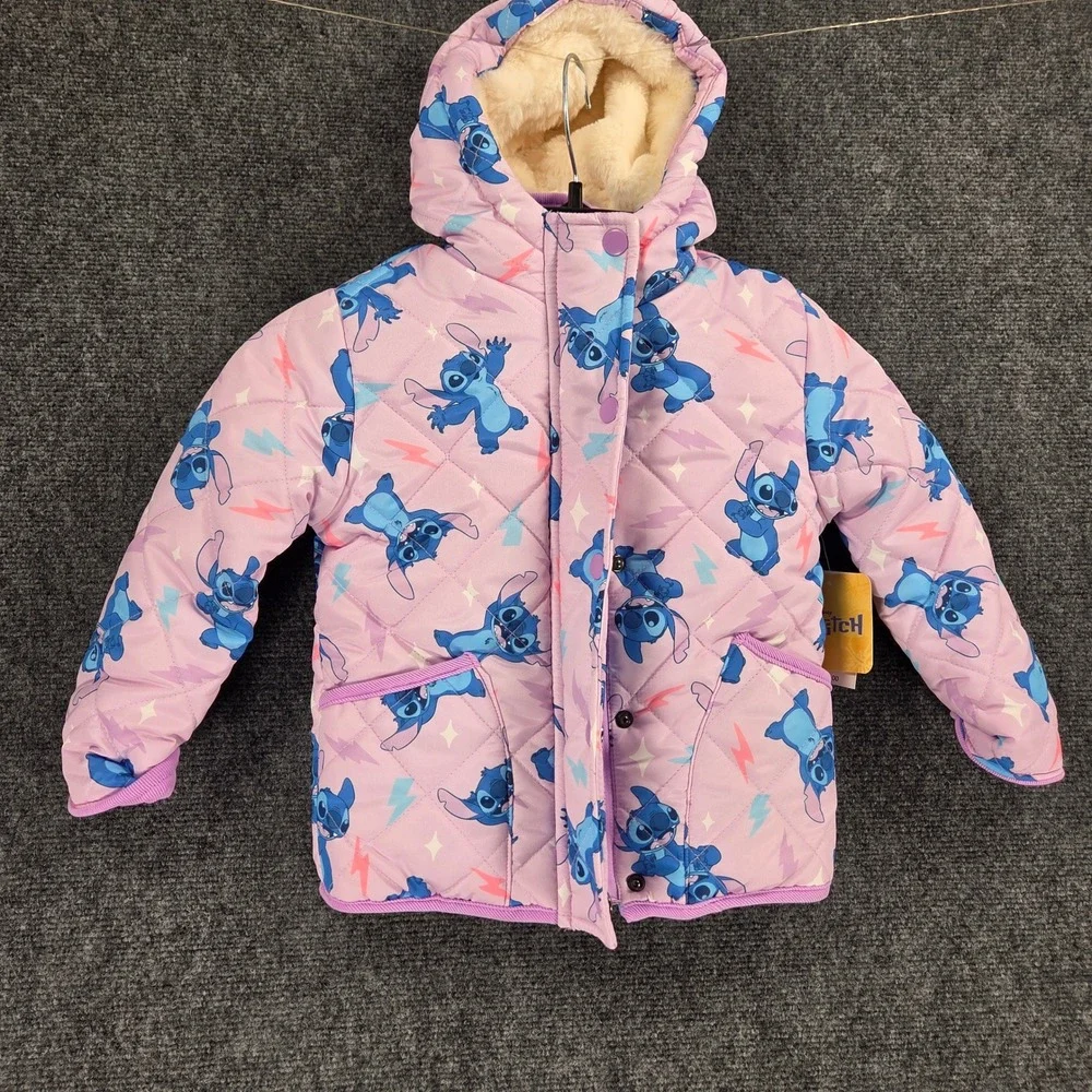 Disney Stitch Quilted Hooded Puffer Jacket Kids Size 3 Pink‎ Midweight NEW